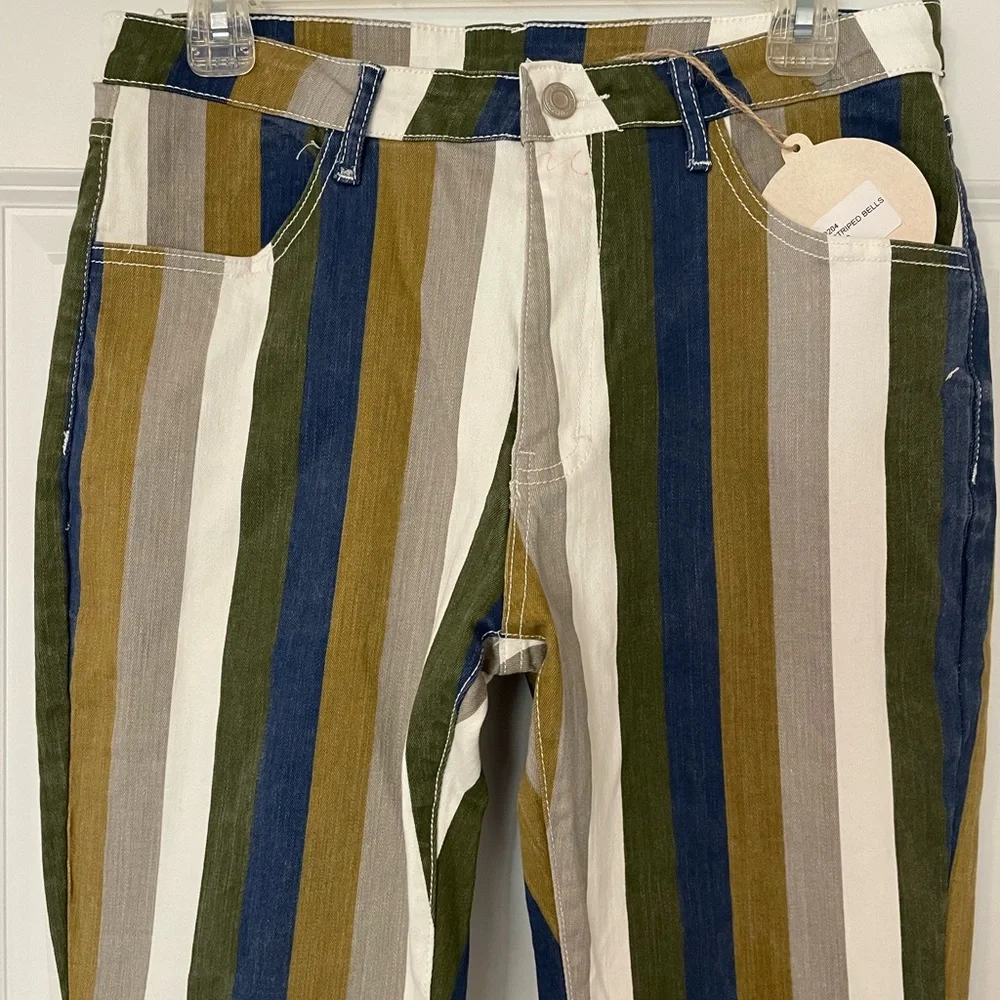 NWT Saint & Hearts Green Multi Striped Bell Bottoms jeans retro style Flares - Picture 3 of 7
